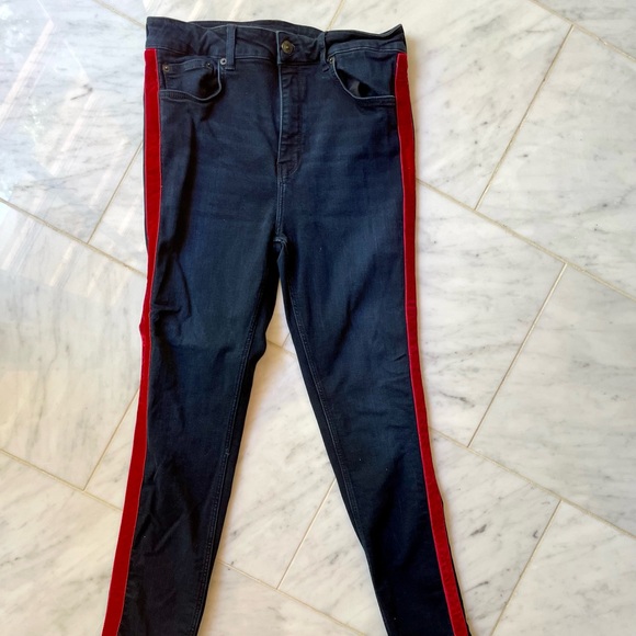 Zara Dark Wash Jeans with Red Velvet Stripe, Size 10 - Picture 2 of 4